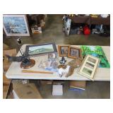 Table Lot w/ Wall Art, Deer Lamp, & CDs