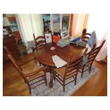 Oak Dining Room Table w/ 6 Oak Ladder Bck Chairs