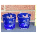 Two Cobalt Cut to Clear Snowflake Glasses