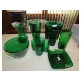 Table Lot of Forest Green Glassware