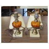Pair of Marble Base Amber Glass Table Lamps - 9"