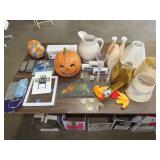 Table Lot w/ Glassware, Lamp Shades, Etc