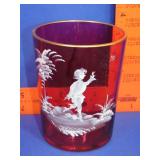 Cranberry Hand Painted Mary Gregory Glass - 4.5"