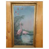Old Framed Flamingo Oil on Canvas - 22"x40"