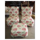 Pair of Upholstered Floral Chairs w/ Ottoman