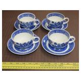 Four Blue Willow Cups w/ Saucers
