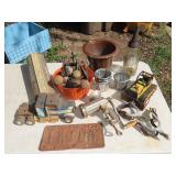 Table Lot w/ Oil Bottle, Crock, Door Hardware, Etc