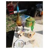 Table Lot of Painted Lance Jar & Glassware