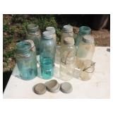 Lot of Blue & Clear Mason Jars