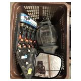 Bin with outdoor light, car side mirror tie downs