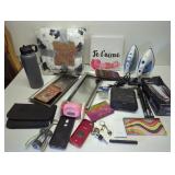 Box of home goods - art, blanket, clock radio,