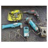 Box of power tools - drills, grinder, misc