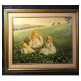 McNally oil/canvas of little girls picking