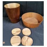 Group of wood waste basket fruit bowl and coasters