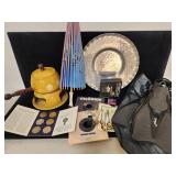 Box of miscellaneous items fondue set umbrella