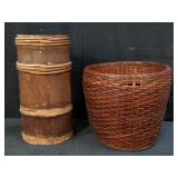 Wood umbrella stand & wicker basket
