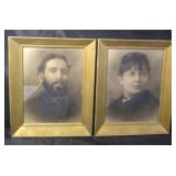 Pair of  early charcoal portraits of a man and a