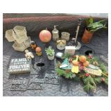 Box of home goods and decorations - lamp base,