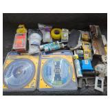 Box of tools - saw blades, screws, hardware,