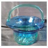Mid Century glass basket blue to green. Raised