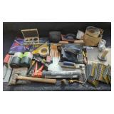 Large box of tools - nails, hammer, caulk gun,