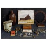 Miscellaneous: print on canvas, wood vase, o