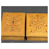 Pair of vintage inlaid wooden boxes floral birds
