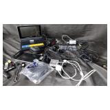 Portable DVD player, charging cables, hard drives