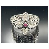 Sterling silver flower ring with garnet stone