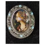 Antique Sterling silver hand painted broach 9 g