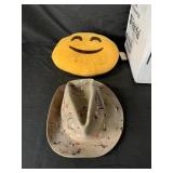 Custom painted Stetson hat, signed emoji pillow &