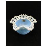 Vintage Fenton glass blue basket weave vase