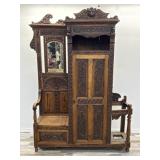 Antique gothic carved wooden hall tree armoire