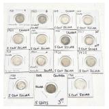 Collection of 15 Canada Silver 5 Cent coins in
