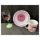 Betty boop wine Glass and Plastic bowl and C