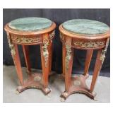 Pair of round marble insert brass ornaments plant