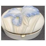 Vintage porcelain & brass blue orchid trinket box