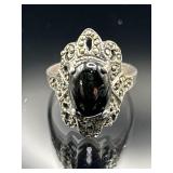Vintage sterling silver ornate onyx ring, 5.39g