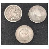 Three Seated Liberty Silver Half Dime coins