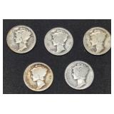 Five 1916 Mercury Silver Dime coins