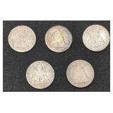 Five Seated Liberty Silver Dime coins