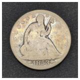 1853 Seated Liberty Silver Half Dollar coin with
