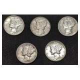 Five AU / Unc Mercury Silver Dime coins