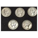 Five AU / Unc Mercury Silver Dime coins