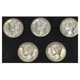 Five AU / Unc Mercury Silver Dime coins