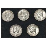 Five AU / Unc Mercury Silver Dime coins
