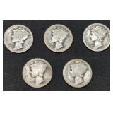 Five 1916 Mercury Silver Dime coins
