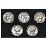 Five AU / Unc Mercury Silver Dime coins
