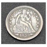 1853 Seated Liberty Silver Dime coin marked XF