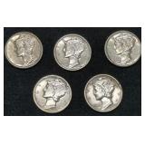 Five AU / Unc Mercury Silver Dime coins